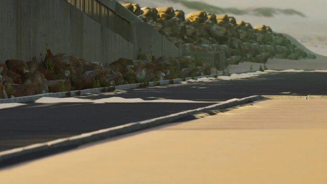 A road runs along the beach, lined with rocks. The sun sets in the background, casting shadows on the sand. No people are present, creating a quiet scene.