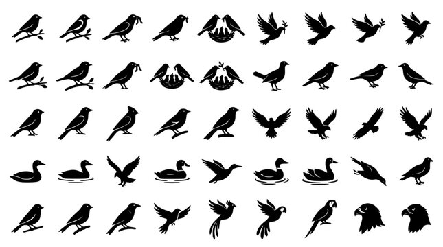 Birds silhouettes collection featuring flying eagle sparrow hawk duck swan parrot and nesting avian species vector illustration isolated on white background