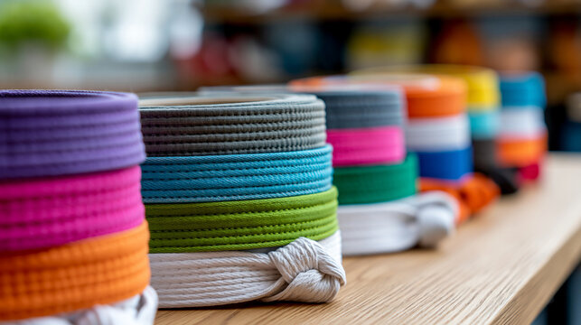 Collection of martial arts colored belts representing different skill levels and training progression, karate achievement concept, martial arts photography, blurred background,