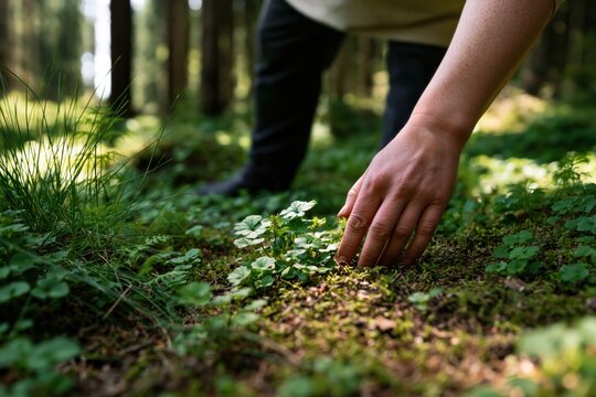 Forest hand touching a small wild plant in mossy nature woodland environment