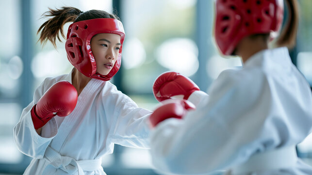 Faceless taekwondo girl in dobok attacking rival during combat practice in martial arts school, competition training concept, taekwondo photography, blurred school background,
