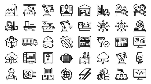 Smart manufacturing and industrial automation line icons set featuring factory robotics warehouse logistics engineering machinery and data systems vector illustration isolated on white
