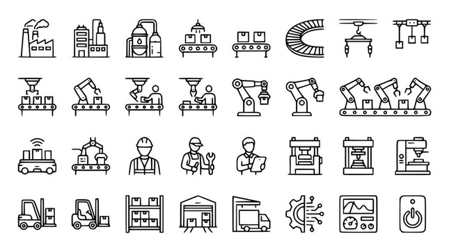 Manufacturing factory and warehouse automation line icons set featuring conveyor belt system robotic arm forklift logistics and assembly line vector illustration isolated on white
