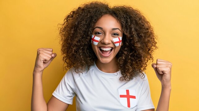 Excited England football fan celebrating victory, expressing happiness and national pride with flag face paint on a yellow background