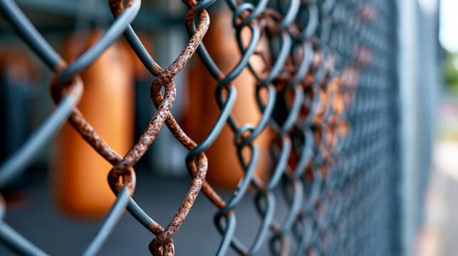 Close-up view of rusted chain link fence in boxing gym providing gritty authentic atmosphere with punching bags in soft focus background, boxing environment concept, gym