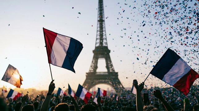 Massive crowd celebrating with French flags and falling confetti, showing unity and patriotism in front of the Eiffel Tower
