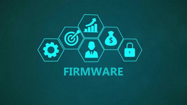 Firmware Technology Infographic Animation with Digital System Icons and Enterprise Network Management on Dark Background 4k visuals