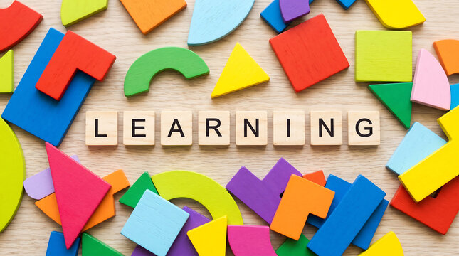 Colorful wooden puzzle pieces, learning blocks, educational toys, kids' activities
