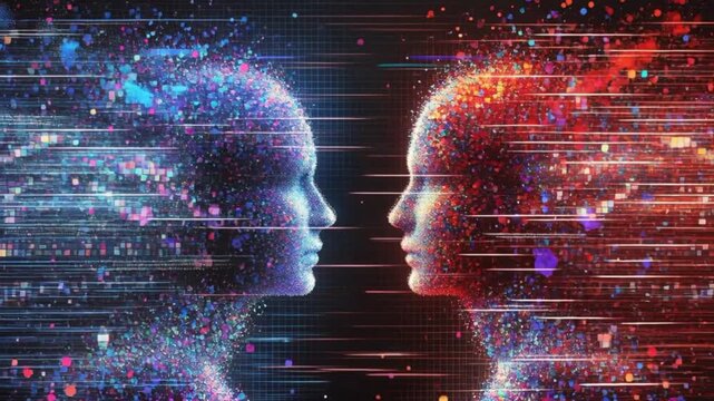 Video of two abstract human heads made of colorful particles and glitch effects symbolize AI, duality and digital communication.