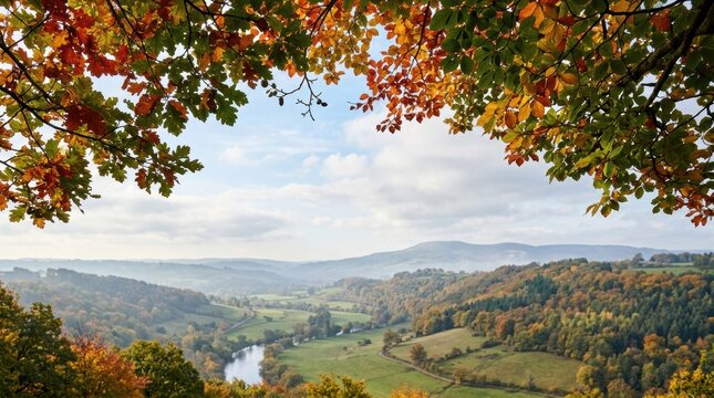 Scenic Autumn Landscape with Rolling Hills and Vibrant Foliage.
