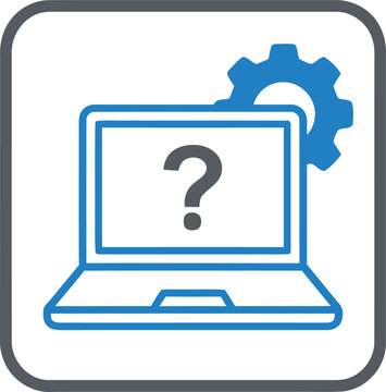 Technical support laptop icon with question mark and gear, computer troubleshooting vector, IT help desk and software problem solving symbol