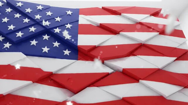 Modern Geometric American Flag Design with Floating Stars - A contemporary, abstract interpretation of the American flag is presented with a geometric, faceted design.