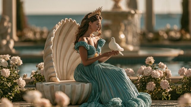 Enchanting Woman with Dove by Water Feature