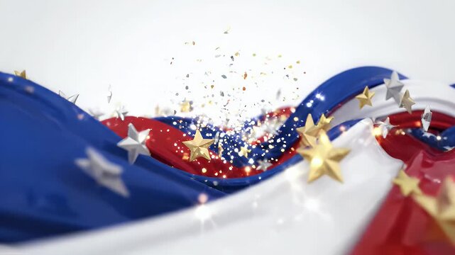 Patriotic Waving Border with Glossy Stars and Confetti - A dynamic, abstract representation of a patriotic celebration features flowing waves of red, white, and blue fabric.
