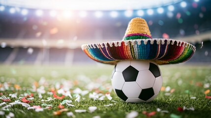 Obraz premium Traditional Mexican sombrero resting on a soccer ball on a stadium pitch, colorful confetti scattered around, celebrating sport and culture