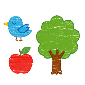 kids drawing tree, bird and apple with crayon texture