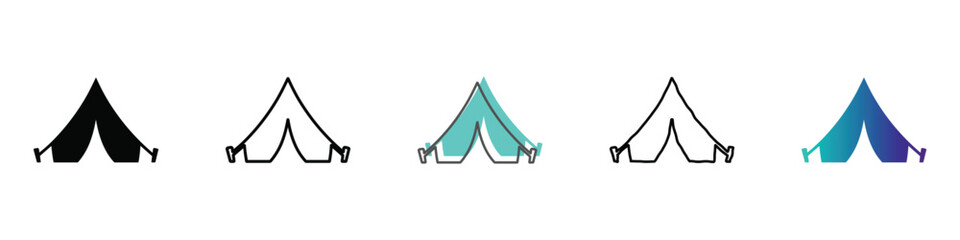 This graphic displays five distinct tent illustrations, including solid black, outline, and gradient designs, perfect for camping and travel themes © Vova7