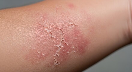 Fototapeta premium Close-up of dry, peeling skin on an arm, showing a skin condition or reaction.