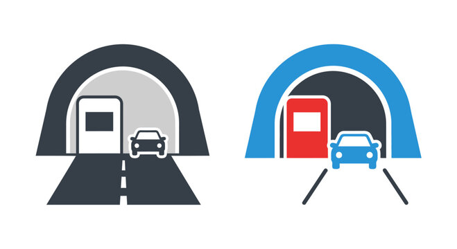 Road Tunnel with Toll Booth Icon Set