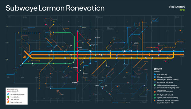 Detailed dark-themed subway map illustrating the 'Subwaye Larmon Ronevation' project with multiple colored lines, stations, and a comprehensive legend.