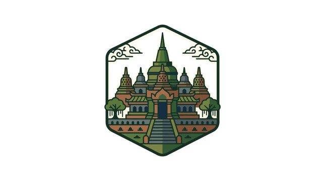 Borobudur temple landscape in hexagonal badge frame.