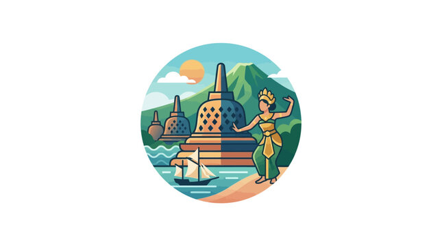 Borobudur temple emblem with dancer and scenic background.