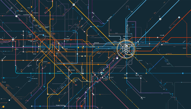 An intricate and colorful schematic diagram of a complex urban transportation network, resembling a subway or metro map with numerous intersecting lines and a central hub.