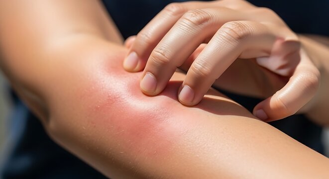 Person scratching an itchy, red, and swollen arm due to an allergic reaction or insect bite.