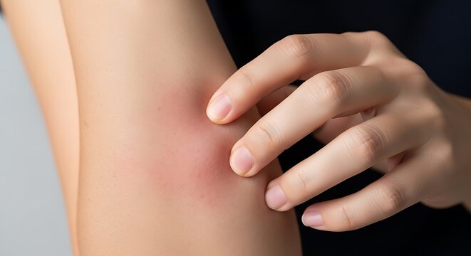 Person scratching an itchy red rash on their arm, possibly an insect bite or allergic reaction.