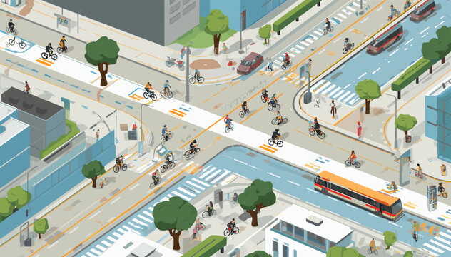 Detailed description of a bustling urban intersection with people walking, cycling, and vehicles moving, showcasing city life and infrastructure.
