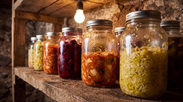 Fermentation jars with kimchi and sauerkraut on a rustic root cellar shelf under warm light