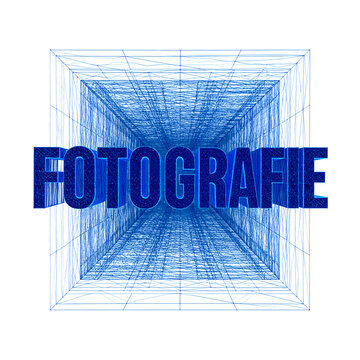 Fotografie Schriftzug modelliert als leuchtendes blaues Gittermodell digitale technologische zukunftsweisende mathematische Stimmung generative AI