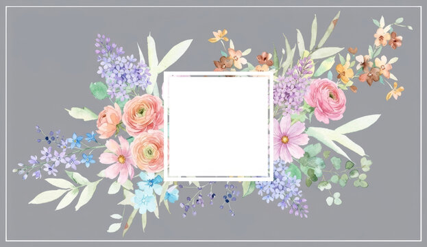 Refined Botanical Watercolor Design Highlighting the Beauty of Roses Lavender and Soft Pastel Flowers in a Clean Symmetrical Layout, Detailed Floral Painting Presenting a Lush Garden-Inspired Frame wi
