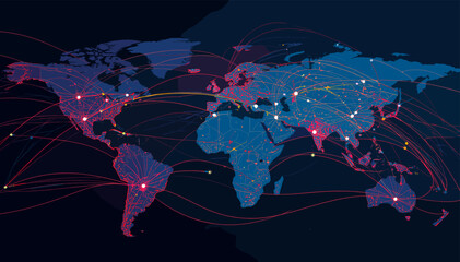 A digital world map illustrating global network connections and data flow with glowing points and interconnected lines across continents. © cemoro