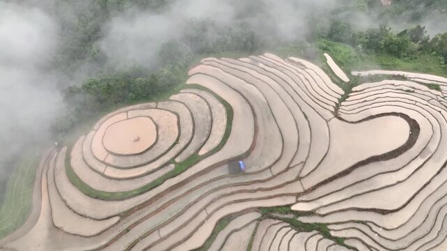 Aerial View of Hoang Su Phi Terraced Rice Fields During Water Season, Tuyen Quang, Vietnam