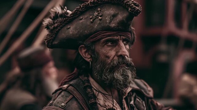 Europe medieval lifestyle. A closeup portrait of an elderly man with a full beard and mustache. He wears a tricorn hat adorned with tassels and a red bandana wrapped around his head.