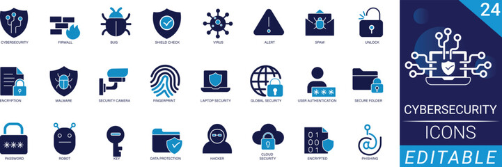 Fototapeta premium Cybersecurity Solid Icon Set, cyber attack, data privacy, network protection, hacker, firewall, shield, security alert, Glyphs for Web