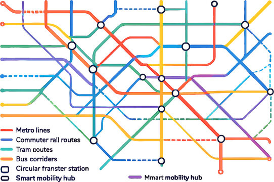 A colorful schematic diagram illustrating a multi-modal urban public transport network with metro lines, commuter rail, tram routes, bus corridors, and transfer stations.