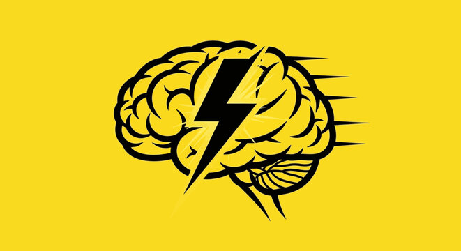 A stylized illustration of a human brain with a lightning bolt symbol