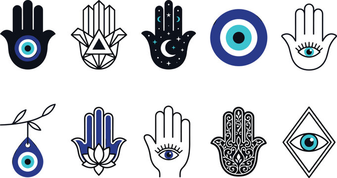 Evil Eye and Hamsa Hand Icon Set Featuring Mystic Nazar Protection Symbols Geometric Line Art Lotus Moon and Celestial Elements Vector Illustration