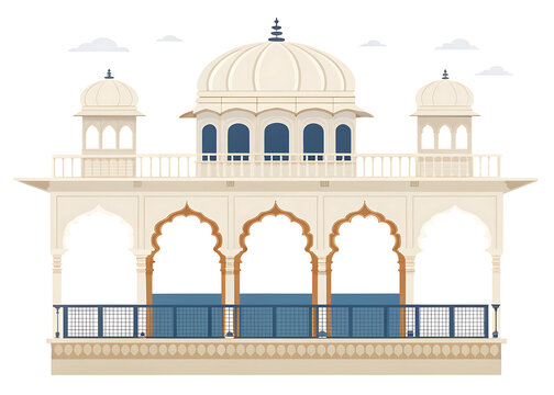 Udaipur palace balcony overlooking traditional royal facade  elegant arches and balustrade  minimal vector illustration