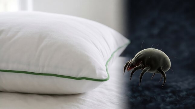 Close up of a bed bug crawling from under a white pillow on a bed at home. pest control, infestation risk, hygiene issue, bedroom