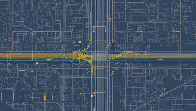 Abstract digital blueprint of a complex urban highway interchange and city grid with highlighted yellow lines.