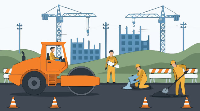 Road construction site with workers, heavy machinery, and urban development