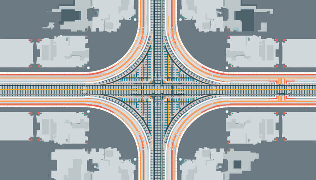 Stylized aerial view of a complex railway intersection with multiple tracks converging and diverging in a cross pattern.