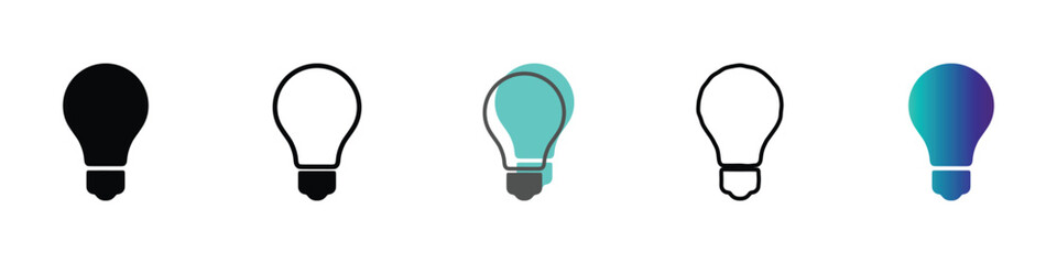 A variety of light bulb symbols in different styles, including solid black, outline, and gradient, symbolizing creativity and new concepts © Vova7