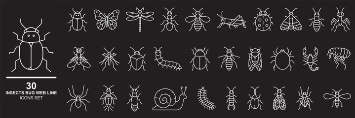 Black outline insect and bug icon set in minimalist line art style with snail, butterfly, ant, spider, bee and caterpillar pictograms. © Daishin