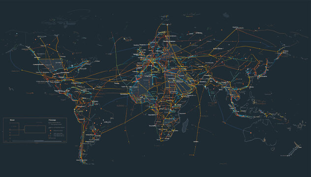 A detailed global network map illustrating interconnected data infrastructure and digital pathways across continents.