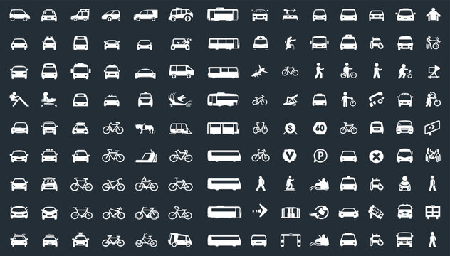 A comprehensive grid of white vector icons depicting various modes of transport, vehicles, and related human activities on a dark background.