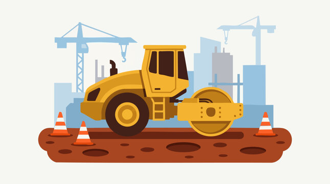 Flat design illustration of road roller on a construction site